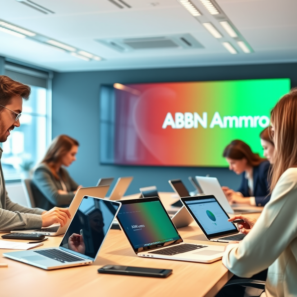 Moderne kantooromgeving met professionals die werken aan digitale transformatie projecten, laptops en tablets op een vergadertafel, met ABN Amro Base Network logo zichtbaar op een groot scherm op de achtergrond