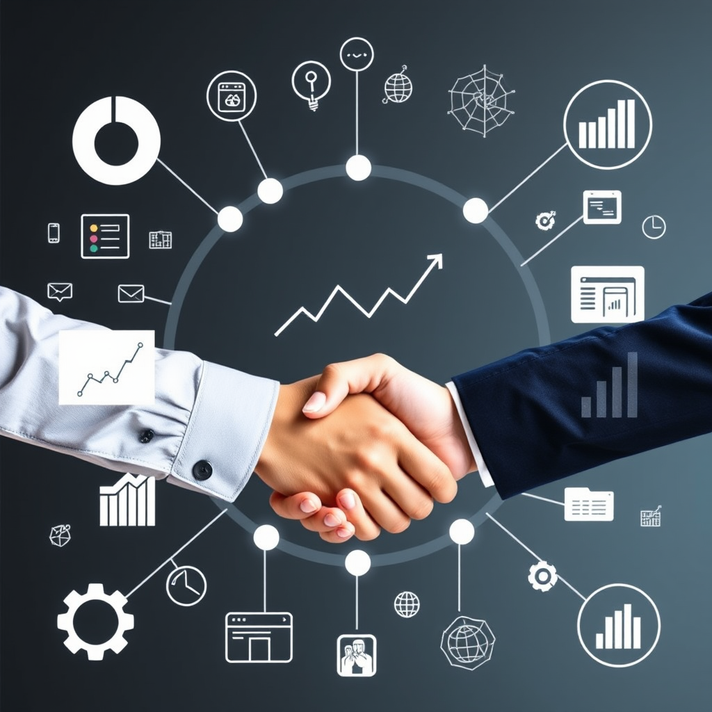 Strategische partnerschap visualisatie met twee bedrijven die handen schudden, omringd door data analytics grafieken en marketing pictogrammen