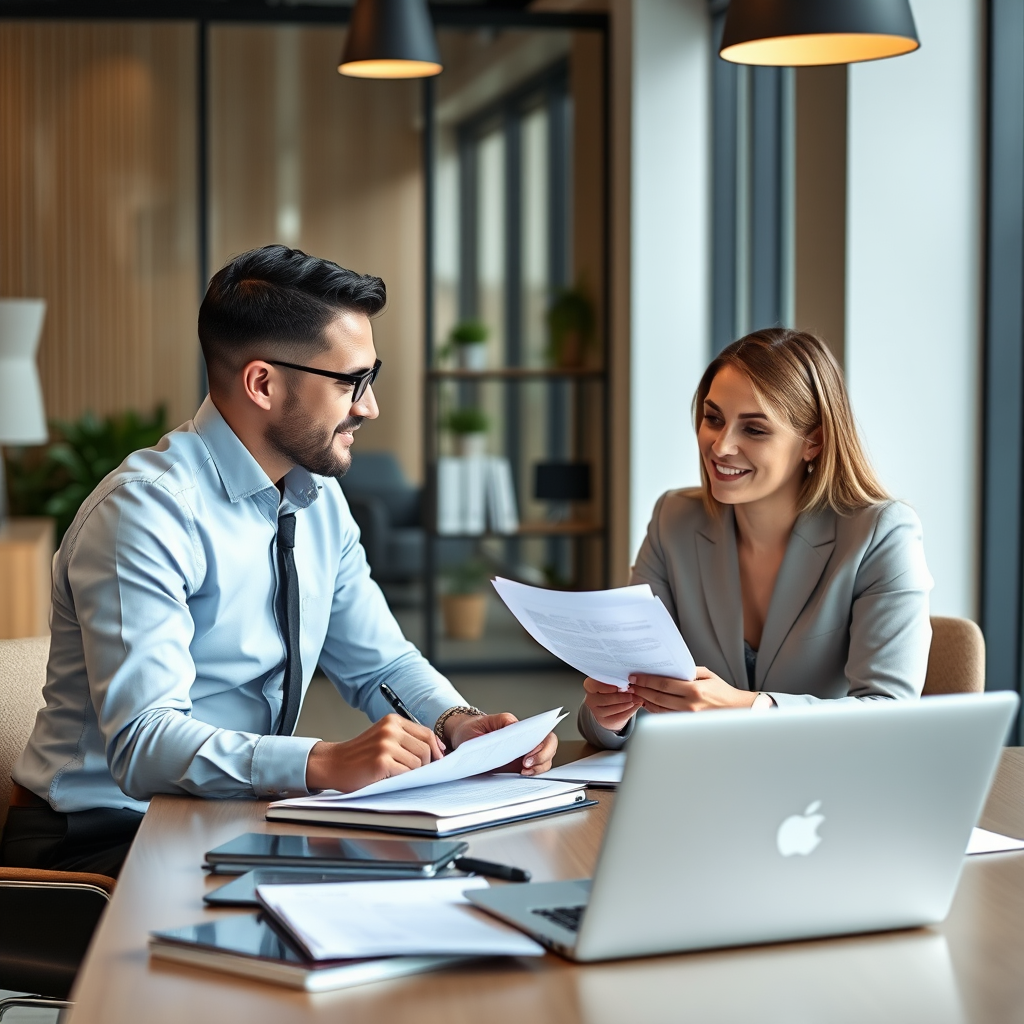 Professionele zakelijke consultants in moderne kantooromgeving met laptops en documenten, bespreken strategische plannen en bedrijfsoptimalisatie
