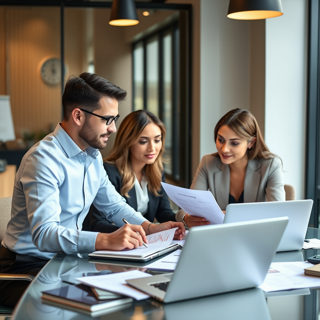 Professioneel business consulting team in moderne kantooromgeving met laptops en documenten, bezig met strategische planning en analyse