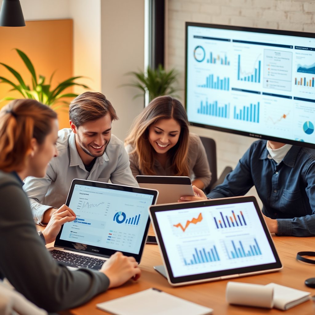 Marketing strategie team dat werkt aan digitale campagnes met grafieken en analytics op moderne laptops en tablets