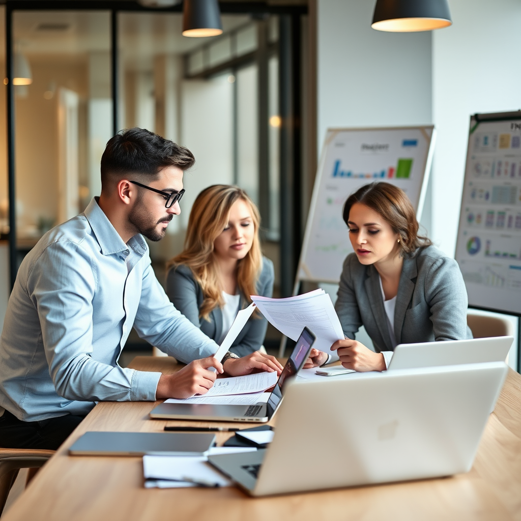 Professioneel projectmanagement team dat samenwerkt aan strategische planning met laptops, documenten en projectborden in een moderne kantooromgeving