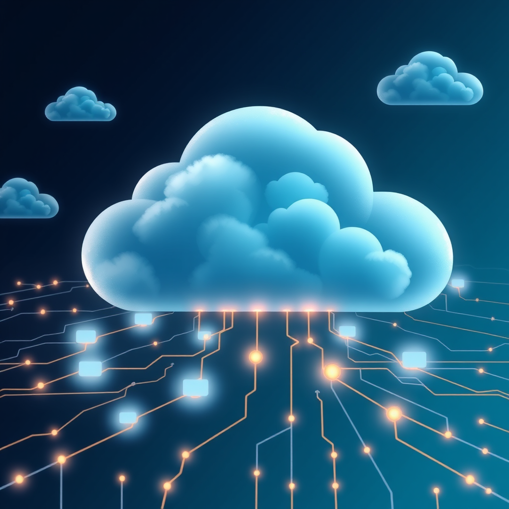 Visuele representatie van cloudmigratie met servers, data flows en digitale connectiviteit, geïllustreerd in ABN Amro Base Network huisstijl kleuren