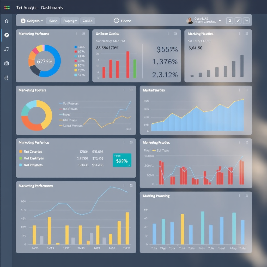 Modern analytics dashboard met grafieken, tabellen en KPI metrics die marketing performance data tonen in real-time