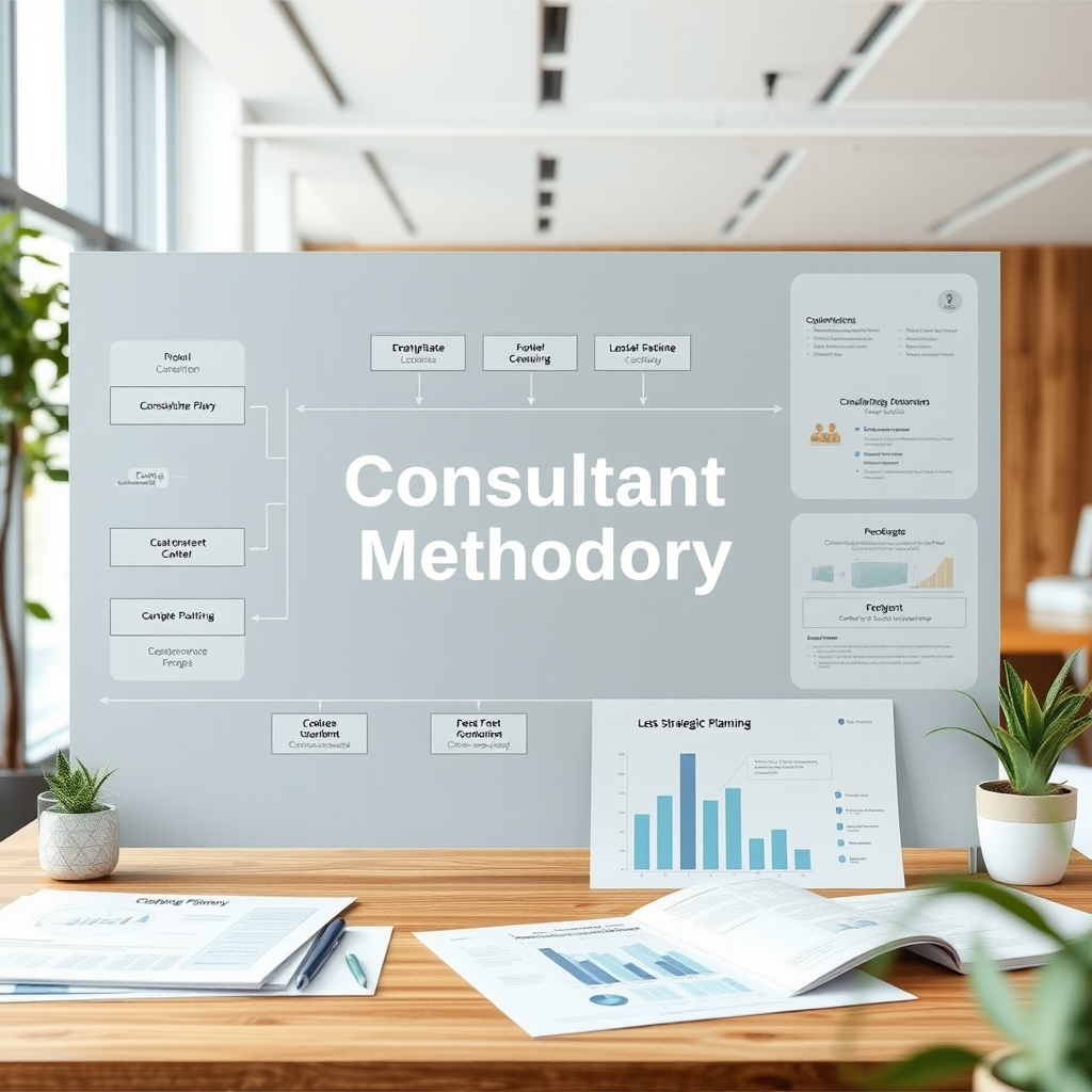 Visuele weergave van consultancy methodologie met flowcharts, grafieken en strategische planning documenten op een moderne werkplek