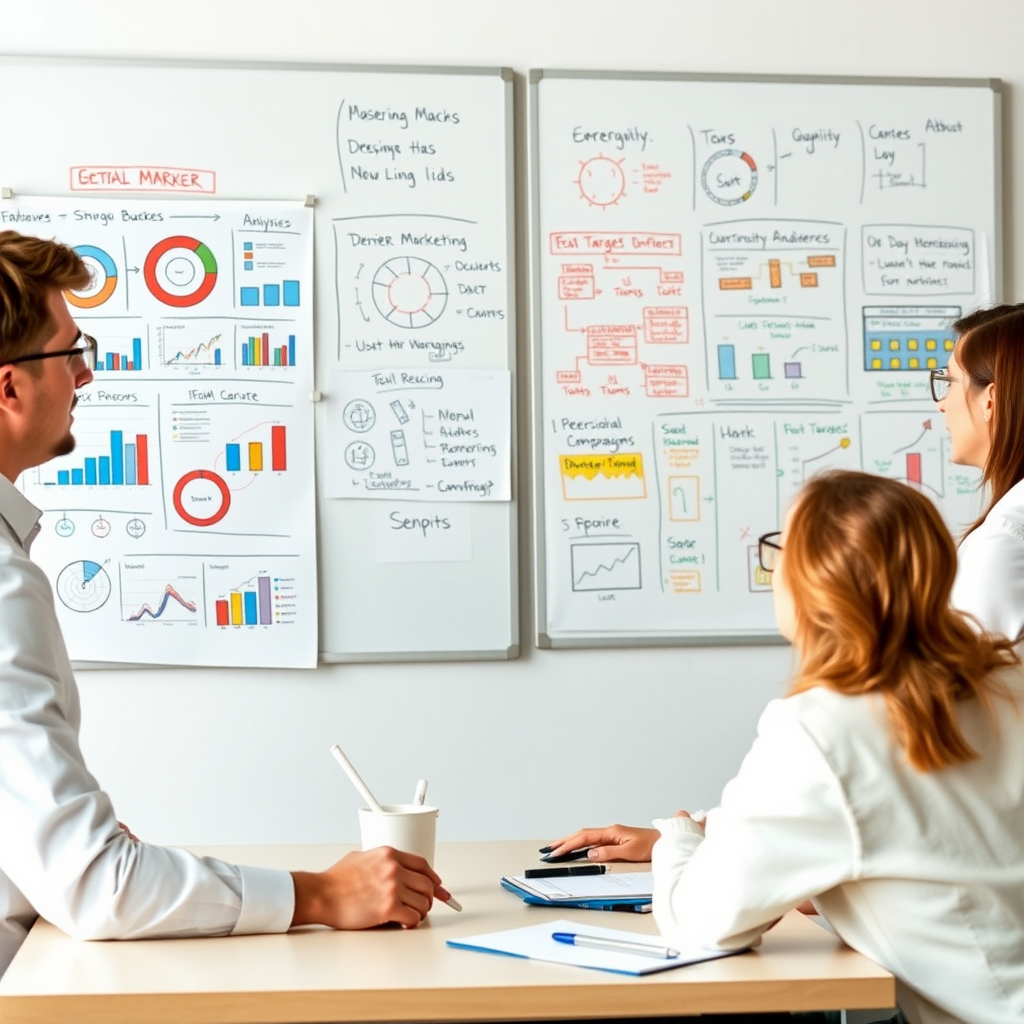 Professioneel marketing team dat brainstormt over strategieën met whiteboards vol met grafieken, doelgroep analyses en campagne ideeën