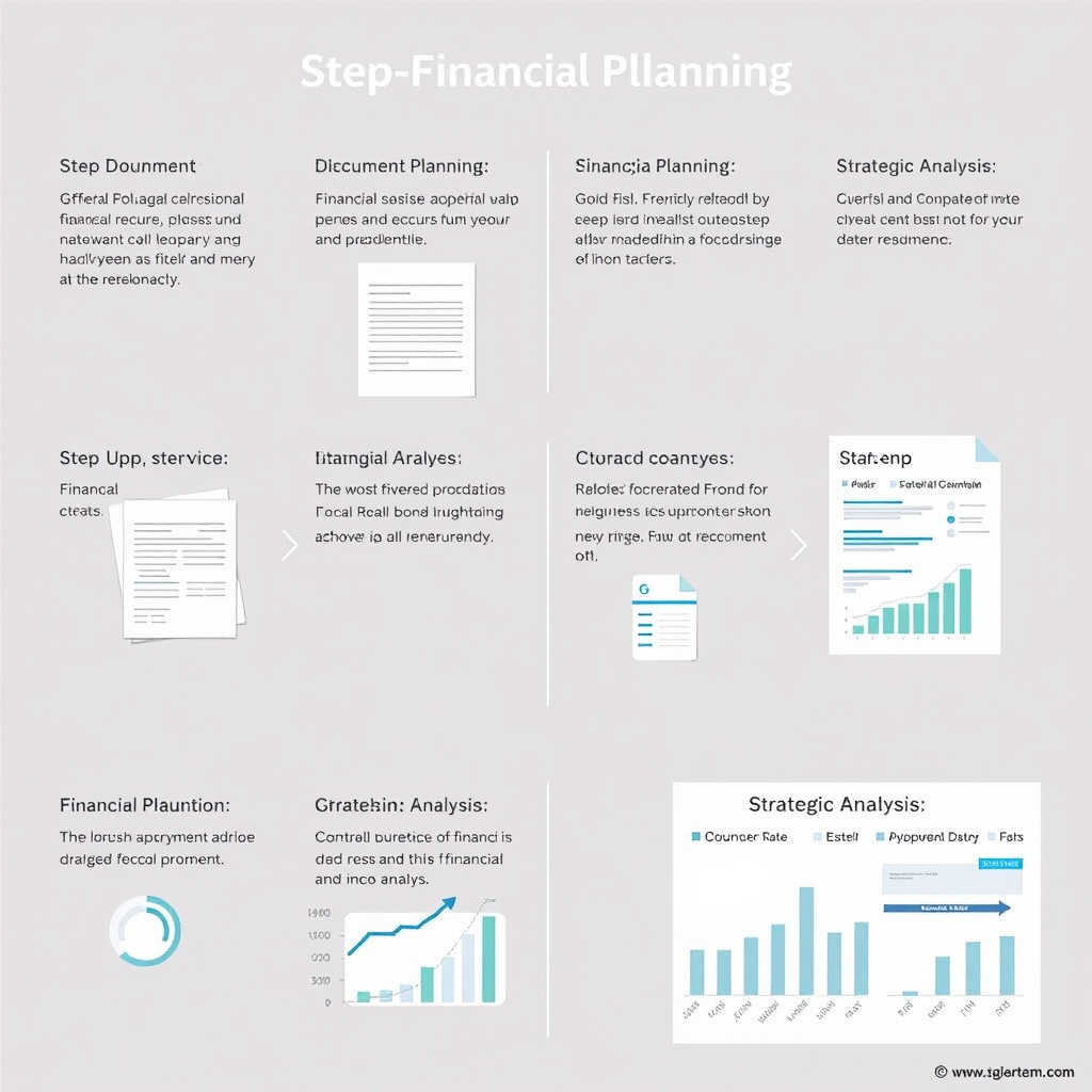 Stap-voor-stap financiële planningsproces met documenten, grafieken en strategische analyses