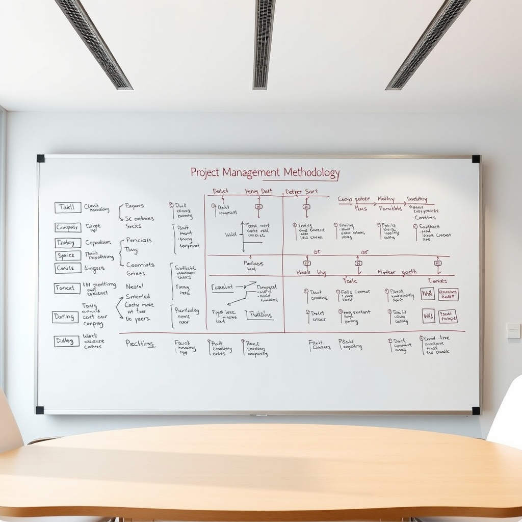 Visuele weergave van projectmanagement methodologie met flowcharts, tijdlijnen en procesdiagrammen op een whiteboard in een moderne vergaderruimte