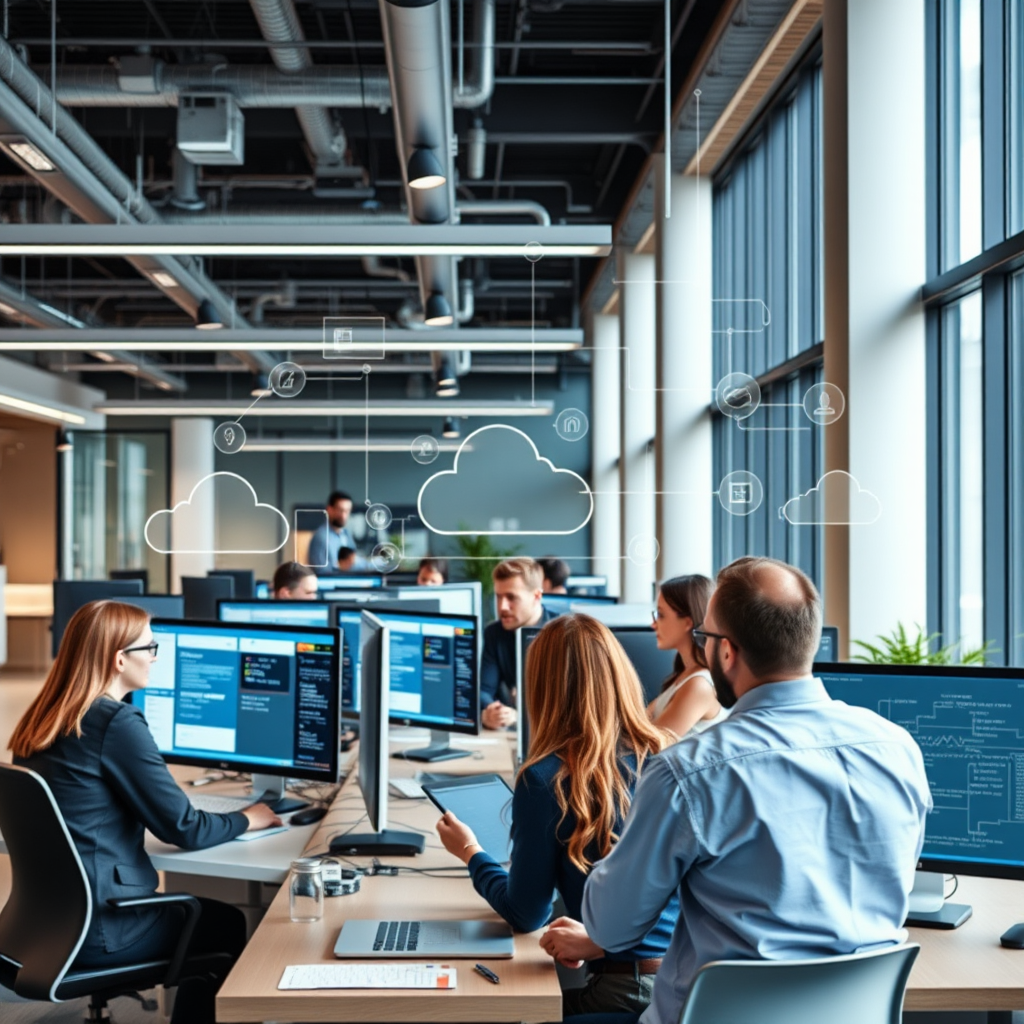 Modern office environment showing digital transformation with computers, tablets, and business professionals collaborating on cloud migration and process automation solutions for small and medium enterprises