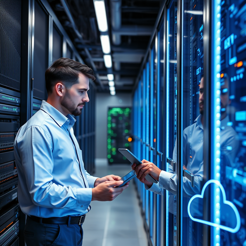IT specialisten werken aan serverinfrastructuur en netwerkbeheer in modern datacenter met circuit patronen en cloud technologie