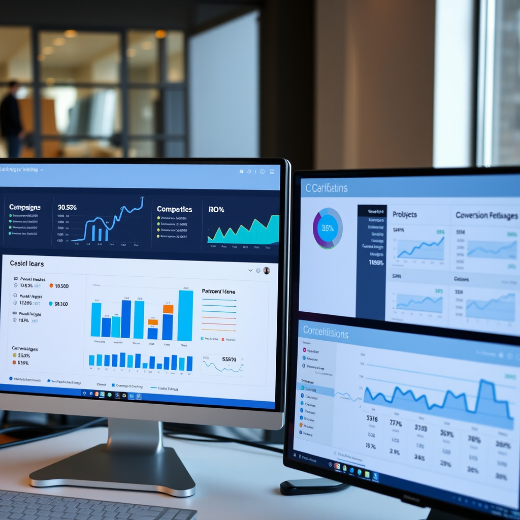 Dashboard met digitale marketing analytics, grafieken van campagne performance, conversion rates en ROI metrics op moderne computer schermen