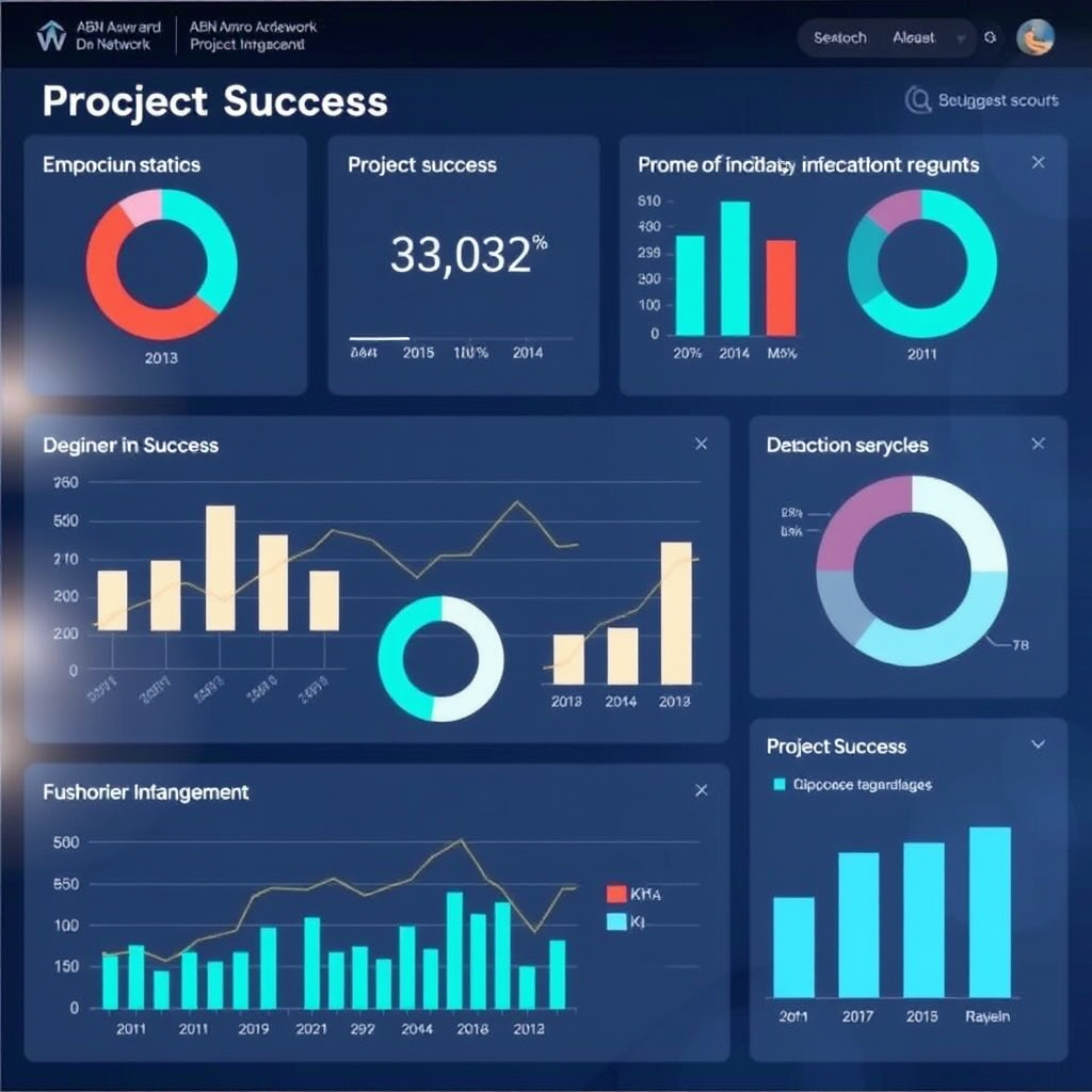 Dashboard met projectsucces statistieken, grafieken en KPI's die de effectiviteit van ABN Amro Base Network projectmanagement diensten tonen