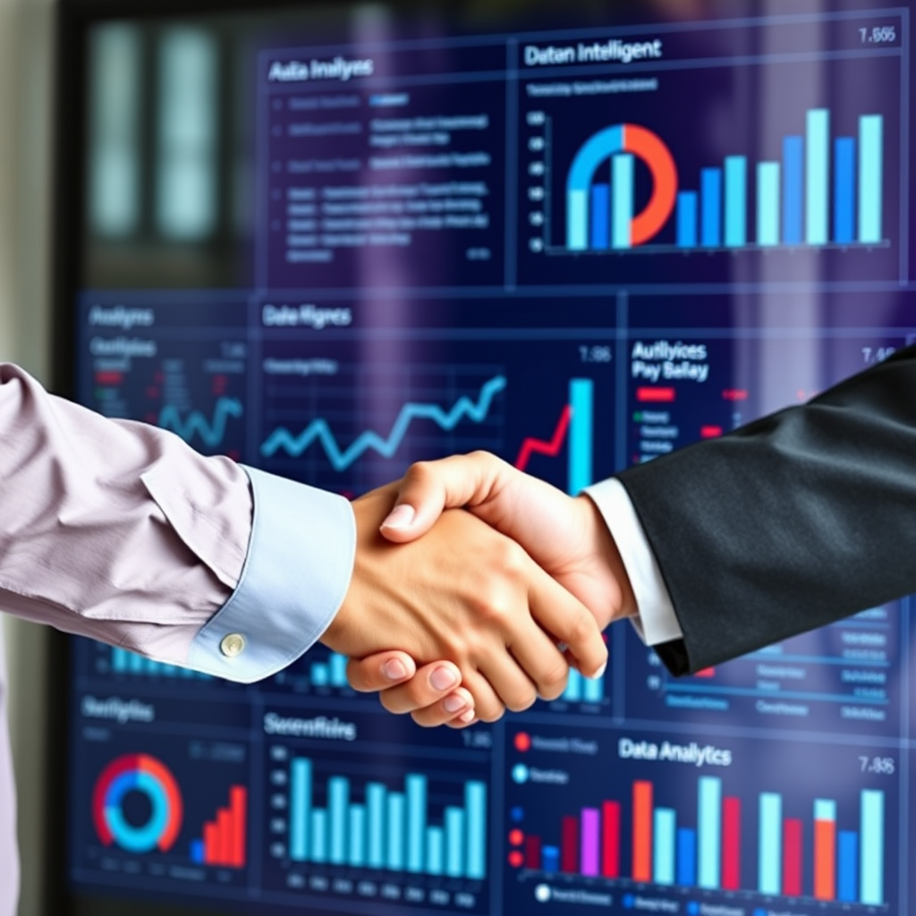 Business handshake and data analytics dashboard showing strategic partnership between ABN and analytics firm, featuring charts, graphs, and marketing intelligence tools for customer behavior analysis