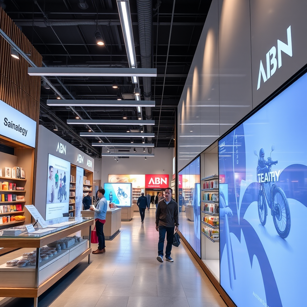 Moderne retailomgeving met digitale displays en geoptimaliseerde klantervaring na ABN marketing strategie implementatie