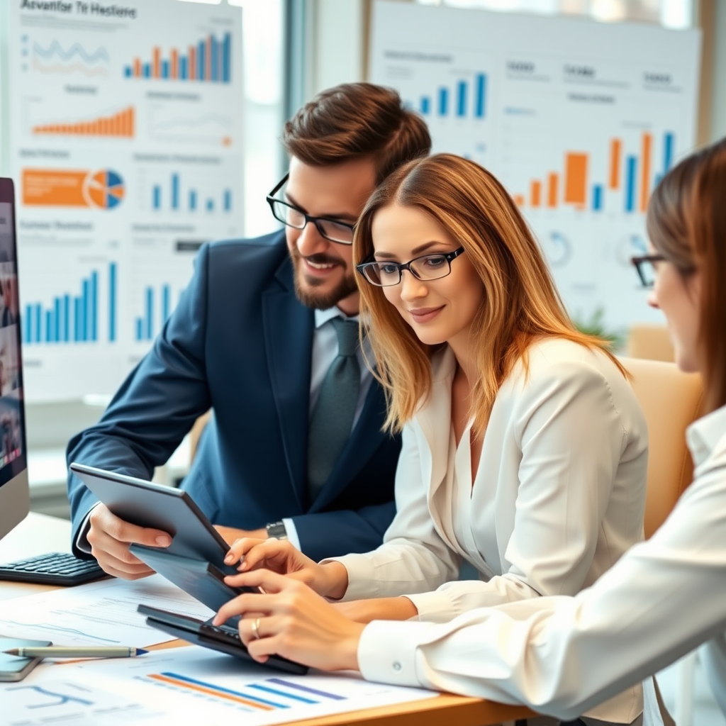 Financiële analisten werken met grafieken, budgetplanning en risicoanalyse op professionele werkplek met calculators en data visualisaties