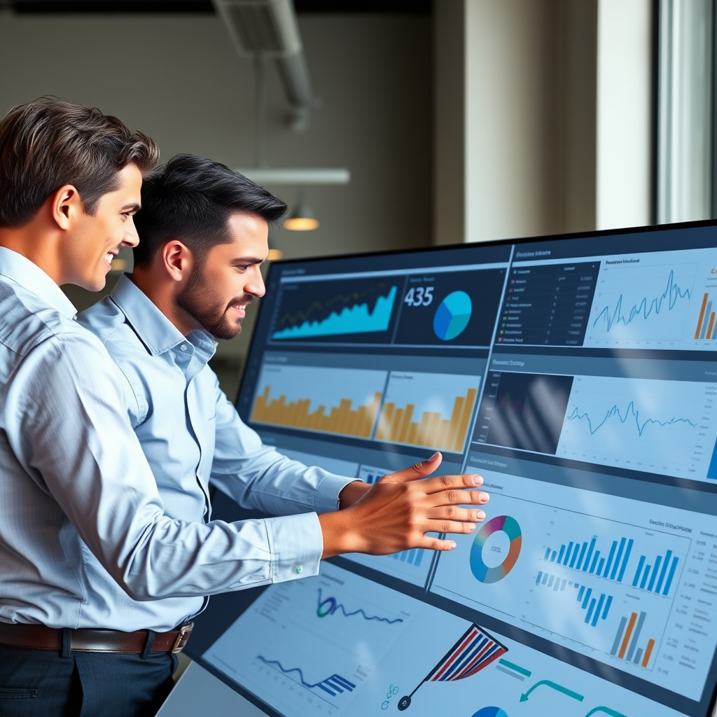 Professionele afbeelding van het ABN team en DataInsight Pro partners die samenwerken aan een groot analytics dashboard met grafieken en data visualisaties