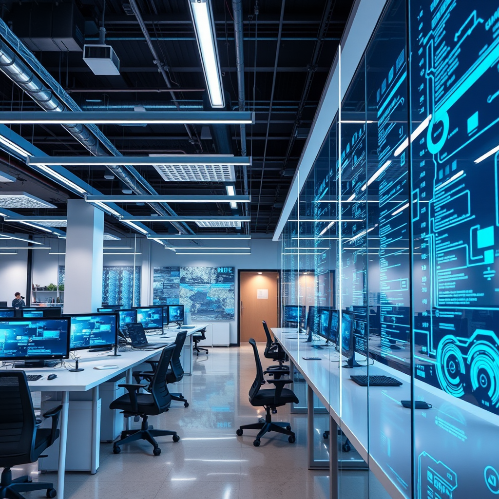 Moderne tech kantoor met cloud computing infrastructuur en geautomatiseerde workflows na ABN IT-oplossingen implementatie