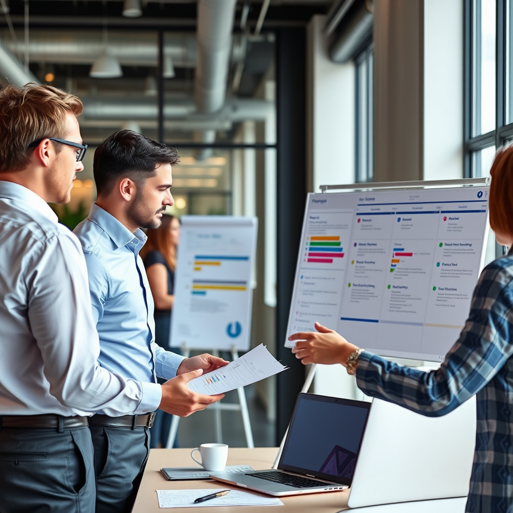 Projectmanagers coördineren bedrijfsinitiatieven met planning boards, tijdlijnen en team collaboratie in moderne kantooromgeving